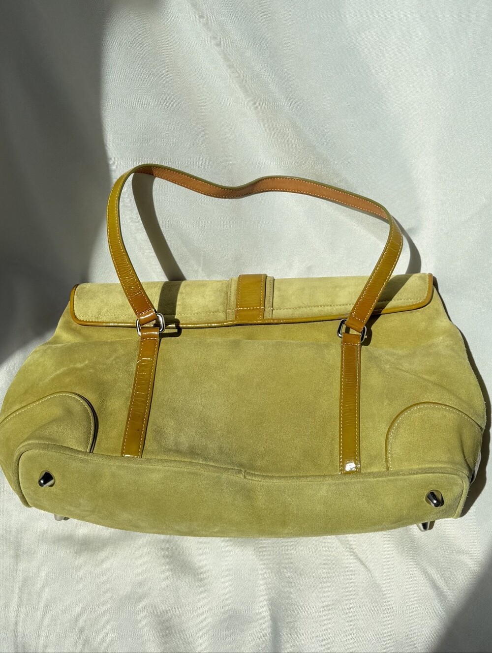 Vintage Y2K Coach Hamptons Suede Buckled Flap Shoulder Bag Lime Green 9271 - Picture 3 of 16